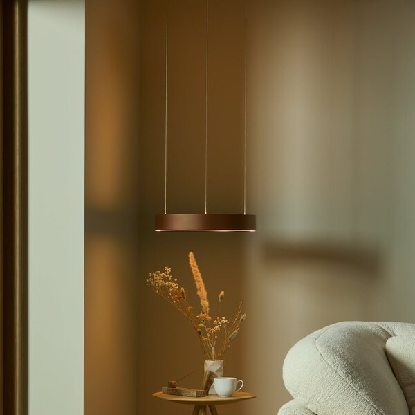 LOOM DESIGN Lampă suspendată LED Velora, maro caramel, Ø40 cm, dimabilă., reglabil, Maro / Rugină, Camera de zi / sufragerie, Aluminiu, Modern
