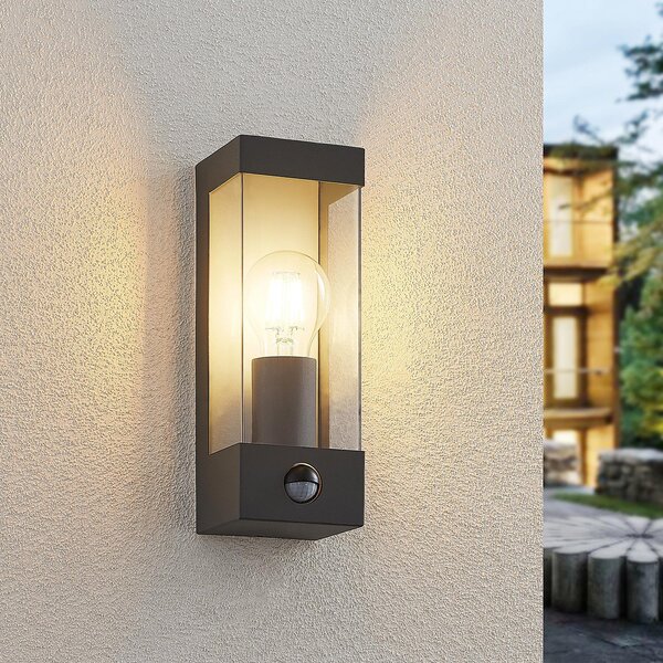 Lindby lampă de perete pentru exterior Tilian, senzor, înălțime 25 cm, antracit, reglabil, Gri, Metal, Modern