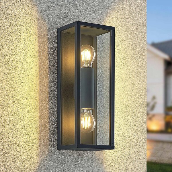 Lindby Peldar lampă de perete pentru exterior, transparentă, 2 becuri, 38 cm,, reglabil, Negru, Metal, Modern, Perete unghiular