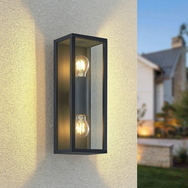 Lindby Peldar lampă de perete pentru exterior, transparentă, 2 becuri, 38 cm,, reglabil, Negru, Metal, Modern, Perete unghiular