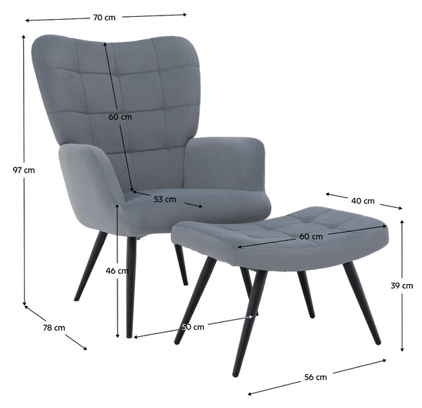 KONDELA Fotoliu cu suport pentru picioare, ţesătură Velvet gri/negru, HABEN