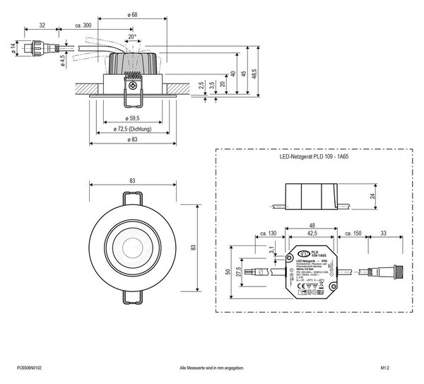 EVN PC65 lampă exter încastrată rotund, 3000K albă, reglabil, Alb, Metal, Modern, Corpuri de iluminat încastrate rotunde