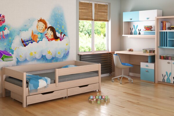 KONDELA Pat pentru copii cu bariera, stejar albit, 80x180, MIX