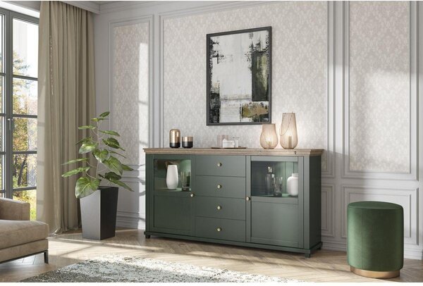 Vitrină Elvina Typ 25 (verde închis + stejar lefka). Promo -16%. 1022382