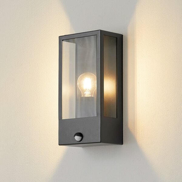 Lindby lumina de perete în aer liber Ilana, negru, senzor, IP44, E27, reglabil, Negru, Sticlă, Priză de perete top