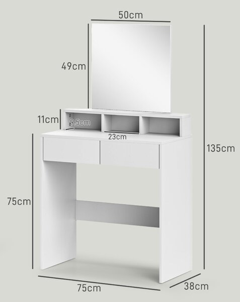 HOMCOM Masă de toaletă cu oglindă, 2 sertare, 3 compartimente, compactă, pentru dormitor, albă | Aosom Romania