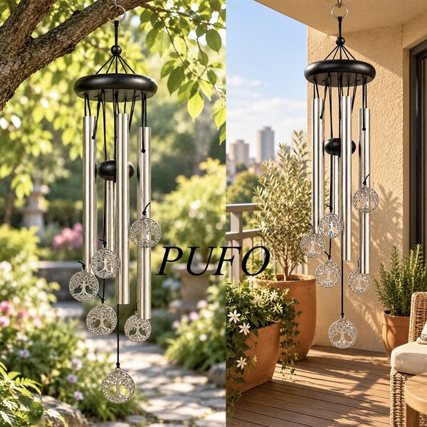 Clopotel de vant Pufo Feng Shui cu 5 tuburi sonore metalice, model Copacul Vietii – Decoratiune suspendata pentru casa, gradina, terasa si balcon