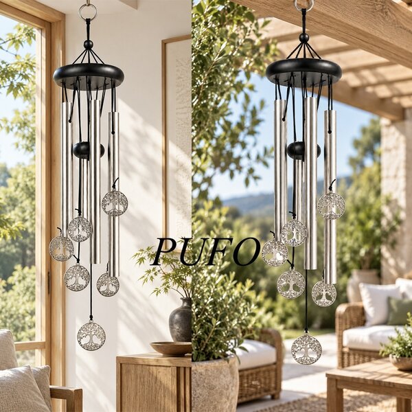 Clopotel de vant Pufo Feng Shui cu 5 tuburi sonore metalice, model Copacul Vietii – Decoratiune suspendata pentru casa, gradina, terasa si balcon