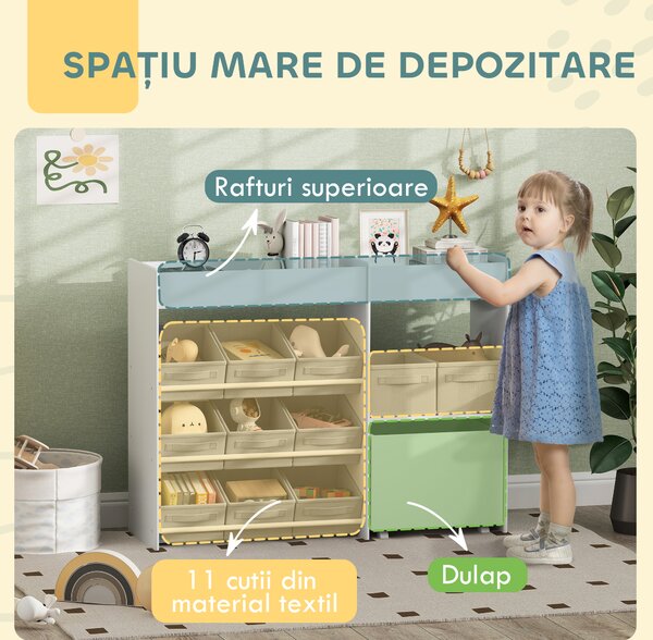 Mobilier AIYAPLAY pentru Jucării pentru Copii cu 11 Coșuri din Țesătură, Dulap și Rafturi, 105x30x80 cm, Alb | Aosom Romania