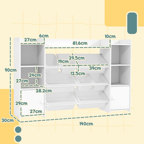 AIYAPLAY Dulap pentru jucării pentru copii cu 8 recipiente detașabile și dulapuri, 140x30x90 cm, alb | Aosom Romania