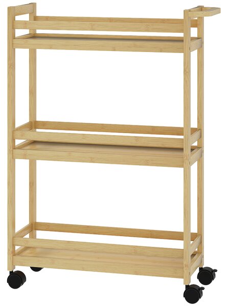 HOMCOM Raft de Baie din Bambus cu 3 Niveluri, Carucior Organizator cu Roți pentru Bucătărie, Baie, Living, 55 x 20 x 75 cm - Natural | Aosom Romania