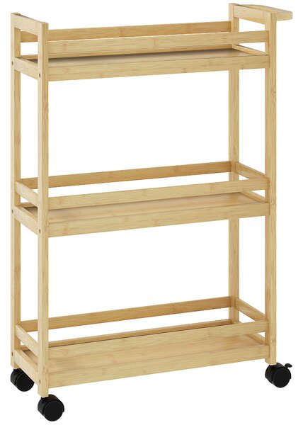 HOMCOM Raft de Baie din Bambus cu 3 Niveluri, Carucior Organizator cu Roți pentru Bucătărie, Baie, Living, 55 x 20 x 75 cm - Natural | Aosom Romania