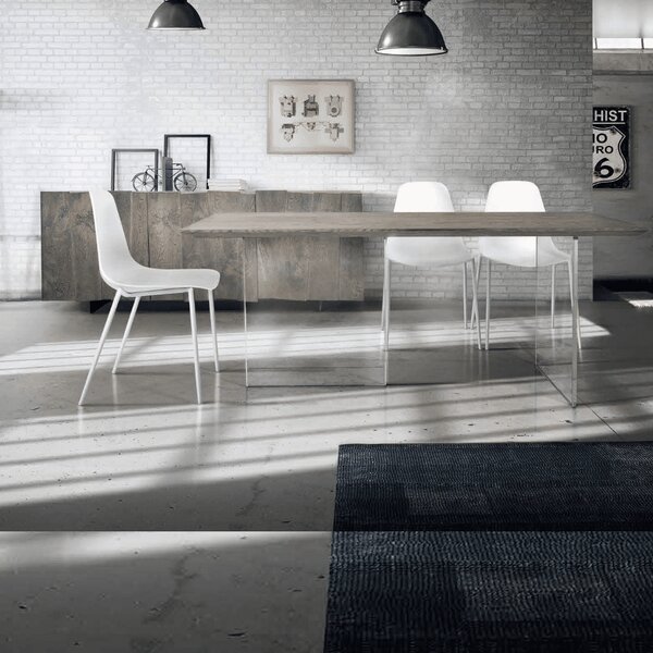 MASA GLASS - BLAT LEMN MASIV CU PICIOR STICLA SECURIZATA - GRI CIMENT - 160 cm / 90 cm / h 77