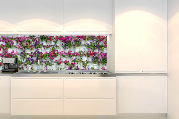 Fototapet pentru bucătărie - flori în cutii 180 x 60 cm