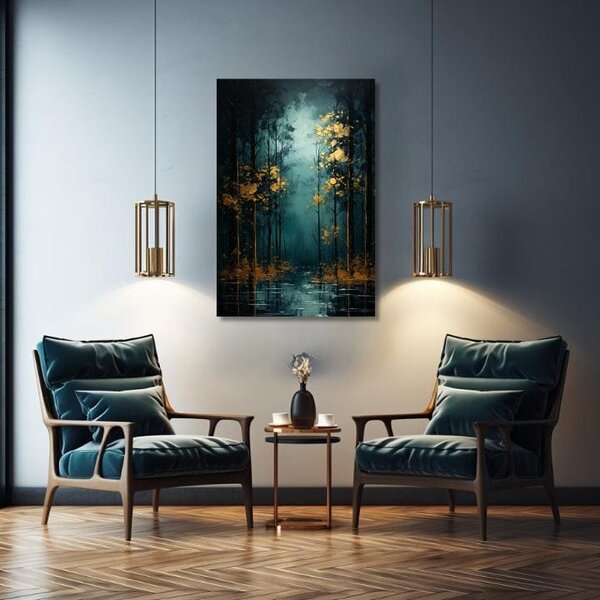 Decor de perete modern Fantezie cu frunze de aur - PREMIUM ART - 40x60 cm