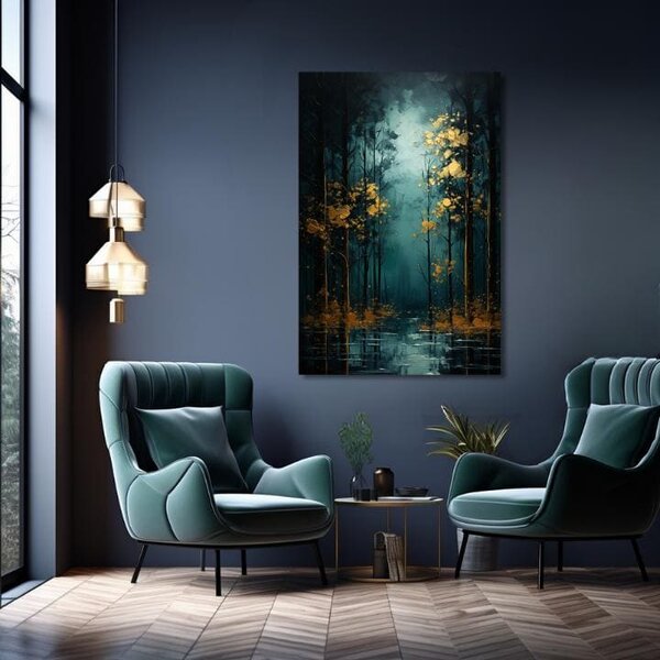 Decor de perete modern Fantezie cu frunze de aur - PREMIUM ART - 40x60 cm