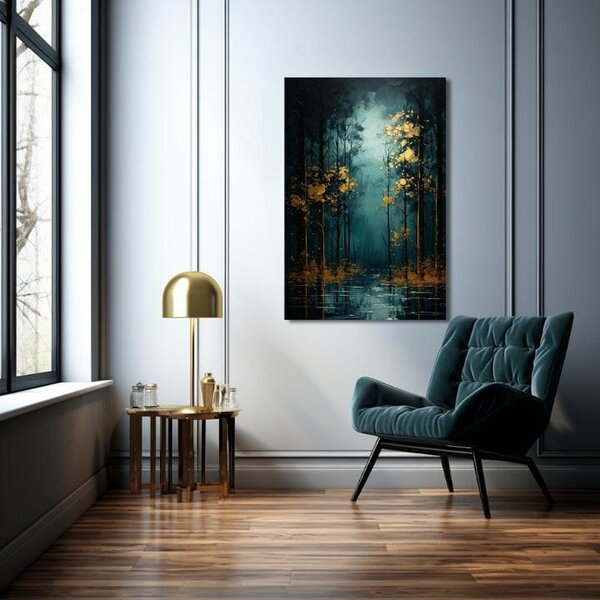 Decor de perete modern Fantezie cu frunze de aur - PREMIUM ART - 40x60 cm