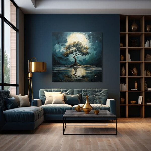 Decor de perete modern Copac de noapte cu lună - PREMIUM ART - 60x60 cm