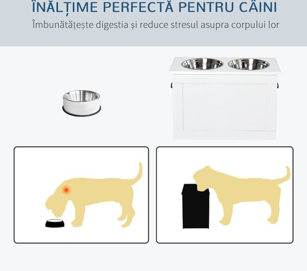 PawHut Boluri Ridicate pentru Câini Mari, Suport pentru Boluri din MDF cu 2 Boluri din Oțel Inoxidabil, 60x30x41 cm, Alb | Aosom Romania