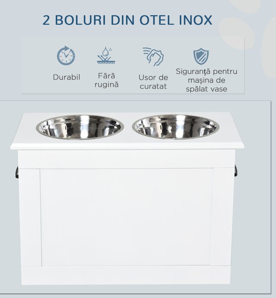 PawHut Boluri Ridicate pentru Câini Mari, Suport pentru Boluri din MDF cu 2 Boluri din Oțel Inoxidabil, 60x30x41 cm, Alb | Aosom Romania