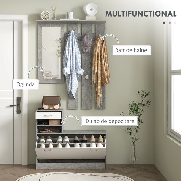 HOMCOM Mobilier Hol, 3 piese, cu Raft pentru Haine, Oglindă, 6 Cârlige, 2 Rafturi și Sertare, 90x24x177 cm, Gri | Aosom Romania
