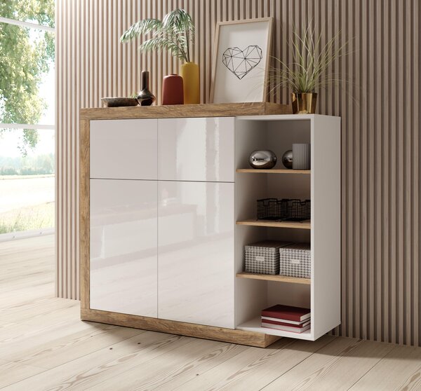 Comodă Sophia Typ 45 (stejar samdal + alb + alb lucios). Promo -17%. 1030605