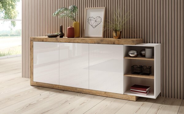 Comodă Sophia Typ 43 (stejar samdal + alb + alb lucios). Promo -15%. 1030604