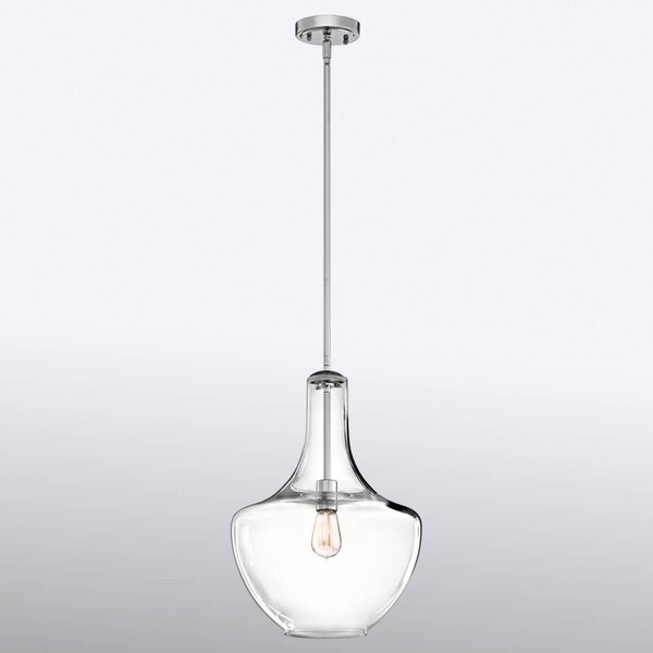 KICHLER Lampă susp. sticlă Everly, medie, soclu crom, reglabil, Transparent, Camera de zi / sufragerie, Sticlă, Design