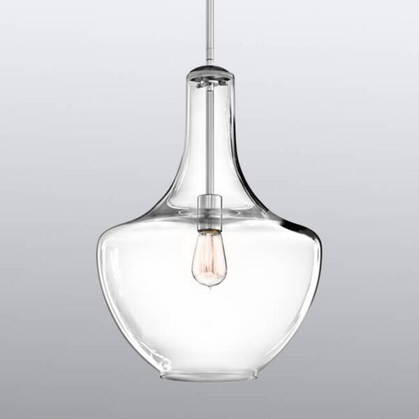 KICHLER Lampă susp. sticlă Everly, medie, soclu crom, reglabil, Transparent, Camera de zi / sufragerie, Sticlă, Design