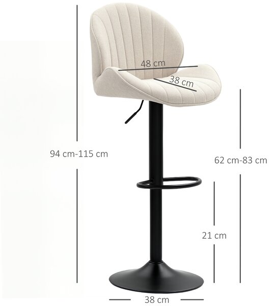 HOMCOM Set de 2 Scaune de Bar cu Suport pentru Picioare, din Țesătură cu Efect de Cinilie, 48x50x94-115 cm, Negru și Bej | Aosom Romania