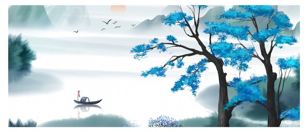 Tablou - Pictură, lac cu barcă (120x50 cm)