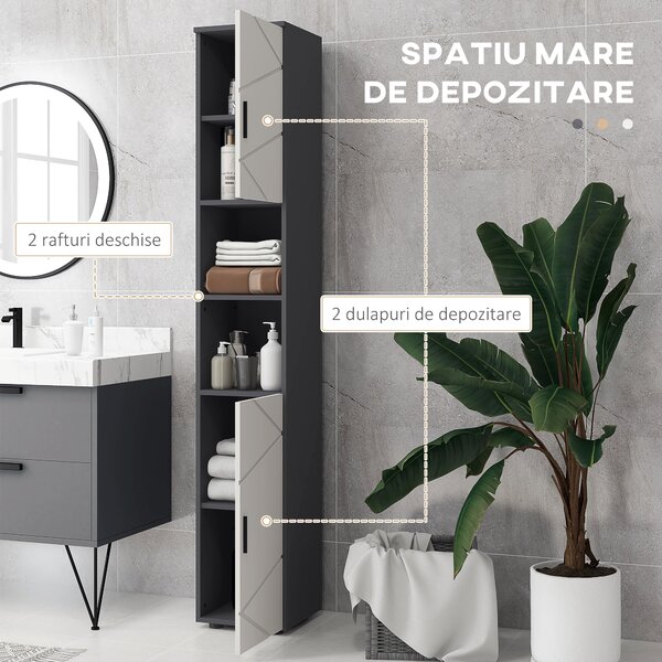 Kleankin Dulap de Baie Inalt de 183cm, Dulap de Depozitare Ingust pentru Baie cu Rafturi Deschise, Dulapuri cu 2 Usi, Gri | Aosom Romania