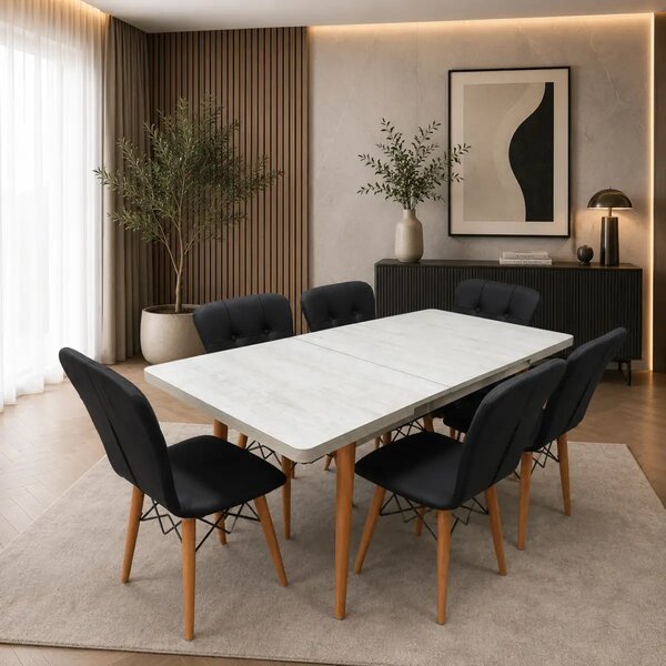 Set masa extensibila cu 6 scaune tapitate Homs cristal alb-negru 170 x 80 cm