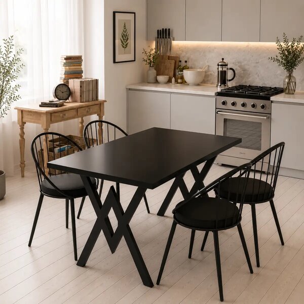 Set Masa Bucatarie cu 4 Scaune , negru,120x80x75 cm, 30410SET