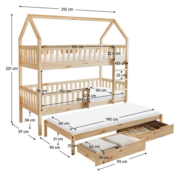 KONDELA Pat supraetajat Montessori cu pat suplimentar, natural, VENITA TYP 1