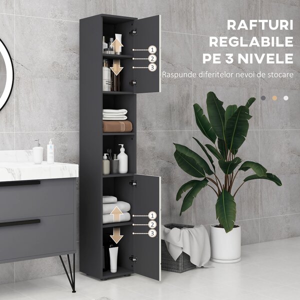 Kleankin Dulap de Baie Inalt de 183cm, Dulap de Depozitare Ingust pentru Baie cu Rafturi Deschise, Dulapuri cu 2 Usi, Gri | Aosom Romania