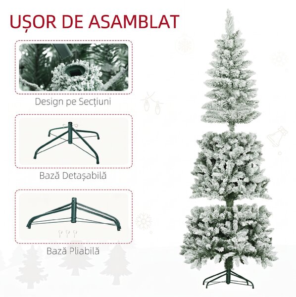 HOMCOM Pom de Crăciun Artificial Acoperit cu Zăpadă, Pom de Crăciun Îngust cu Bază Pliabilă, Ø65x180 cm, Verde | Aosom Romania