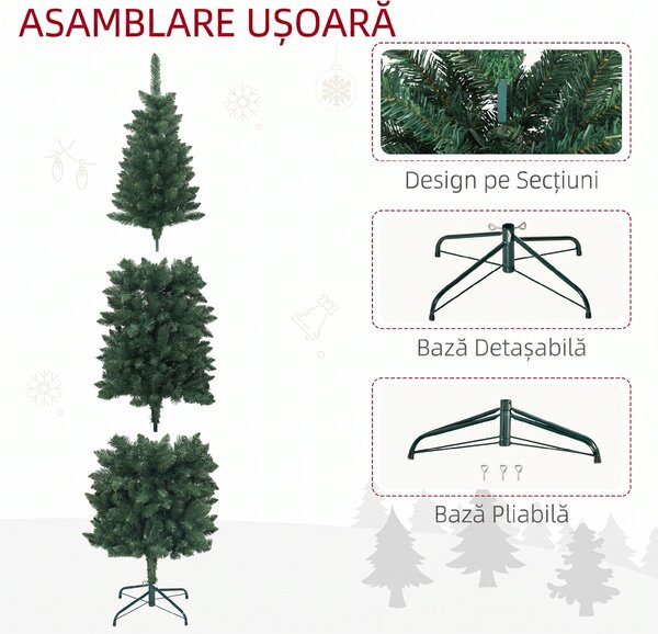 HOMCOM Brad Artificial de Crăciun cu 687 Ramuri, Brad de Crăciun Înalt și Îngust cu Bază Pliabilă, Ø75x210 cm, Verde | Aosom Romania