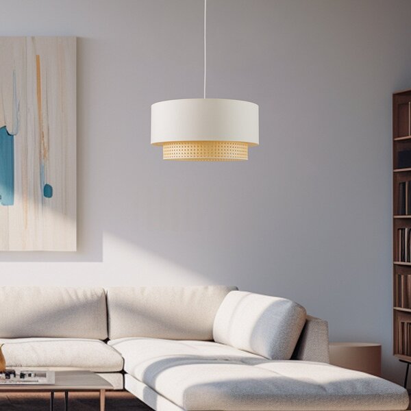 Duolla Lampă suspendată Boho, bej/lemn, Ø 45 cm, material textil/rattan, reglabil, Alb, dormitor, Metal