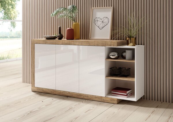 Comodă Sophia Typ 47 (stejar samdal + alb + alb lucios). Promo -10%. 1030606