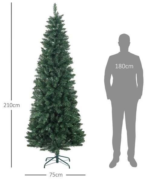 HOMCOM Brad Artificial de Crăciun cu 687 Ramuri, Brad de Crăciun Înalt și Îngust cu Bază Pliabilă, Ø75x210 cm, Verde | Aosom Romania
