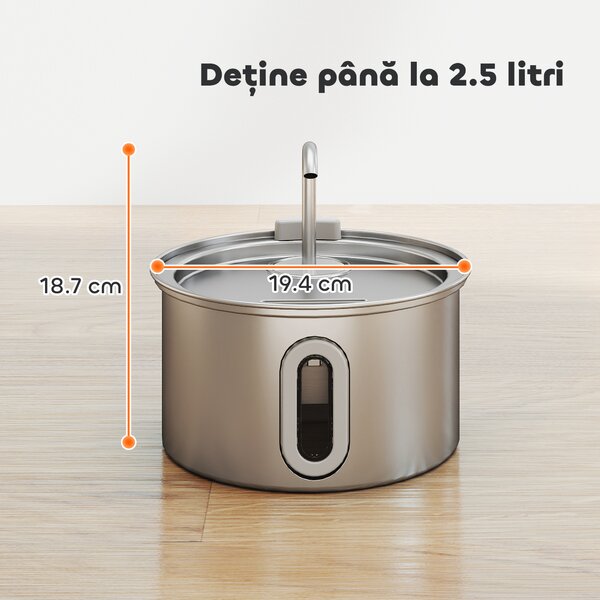 PawHut Fântână din Inox 2,5L pentru Pisici cu LED și 2 Moduri de Flux, Argintiu | Aosom Romania