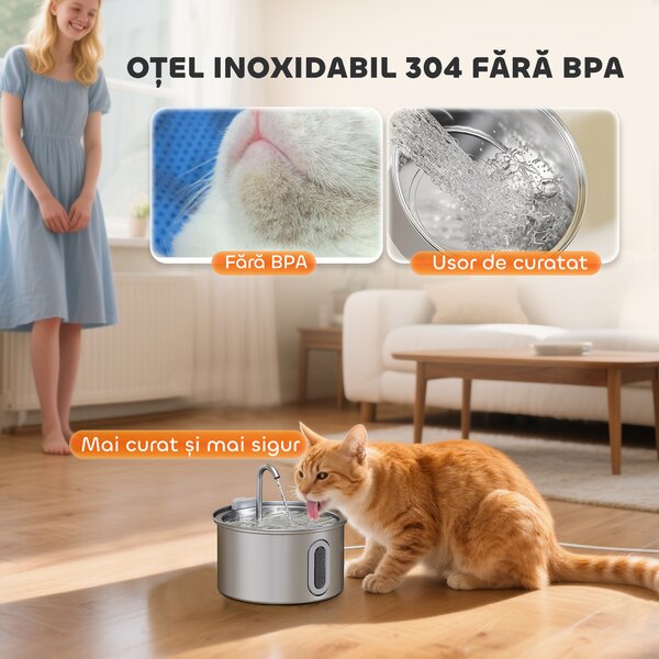 PawHut Fântână din Inox 2,5L pentru Pisici cu LED și 2 Moduri de Flux, Argintiu | Aosom Romania