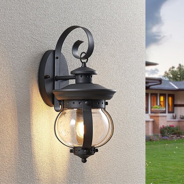 Lindby lumina de perete în aer liber Farley, 40 cm, gri închis, IP44, E27, reglabil, Negru, Metal, Antichitate, Felinar