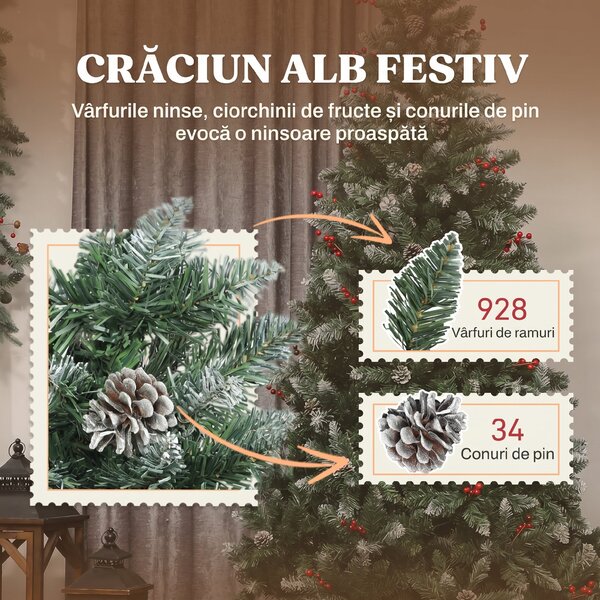 HOMCOM Brad de Crăciun Înalt de 210 cm cu 928 de Ramuri, Brad Artificial de Interior cu Conuri și Boabe Roșii Decorative, Bază Metalică, Verde | Aosom Romania