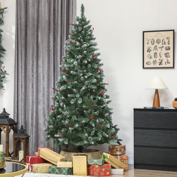 HOMCOM Brad de Crăciun Înalt de 210 cm cu 928 de Ramuri, Brad Artificial de Interior cu Conuri și Boabe Roșii Decorative, Bază Metalică, Verde | Aosom Romania