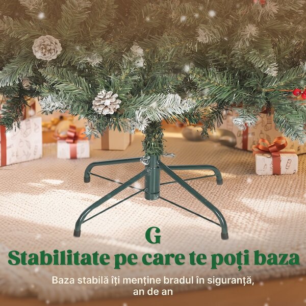 HOMCOM Brad de Crăciun Înalt Înzăpezit 180 cm cu 620 de Ramuri, Brad Artificial de Interior cu Conuri și Boabe Roșii Decorative, Bază din Metal, Verde | Aosom Romania