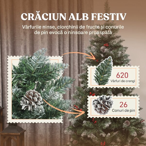 HOMCOM Brad de Crăciun Înalt Înzăpezit 180 cm cu 620 de Ramuri, Brad Artificial de Interior cu Conuri și Boabe Roșii Decorative, Bază din Metal, Verde | Aosom Romania