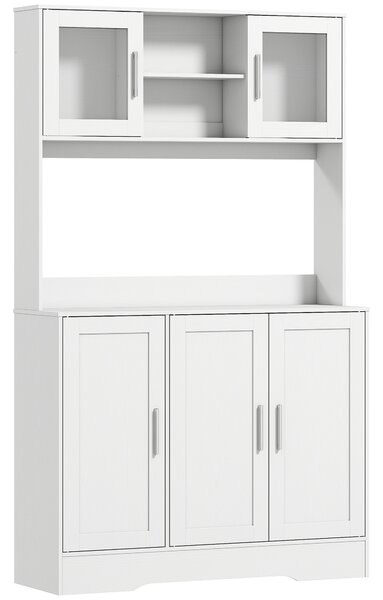 HOMCOM Dulap Bucătărie de 180cm, Dulap Înalt cu 4 Compartimente, Uși din Sticlă Securizată, 2 Rafturi Deschise, Rafturi Reglabile, Blat pentru Electrocasnice, pentru Bucătărie sau Living, Alb | Aosom Romania