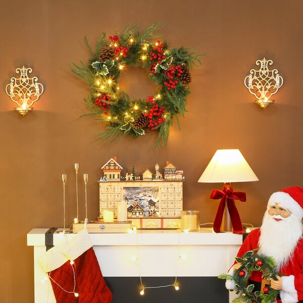 HOMCOM Ghirlandă de Crăciun de 60 cm cu Lumini LED Albe, Coroană de Crăciun cu Temporizator, 170 de Ramuri, Conuri de Pin, Boabe și Vâsc, Decor de Crăciun pentru Ușă și Fereastră, Verde | Aosom Romania